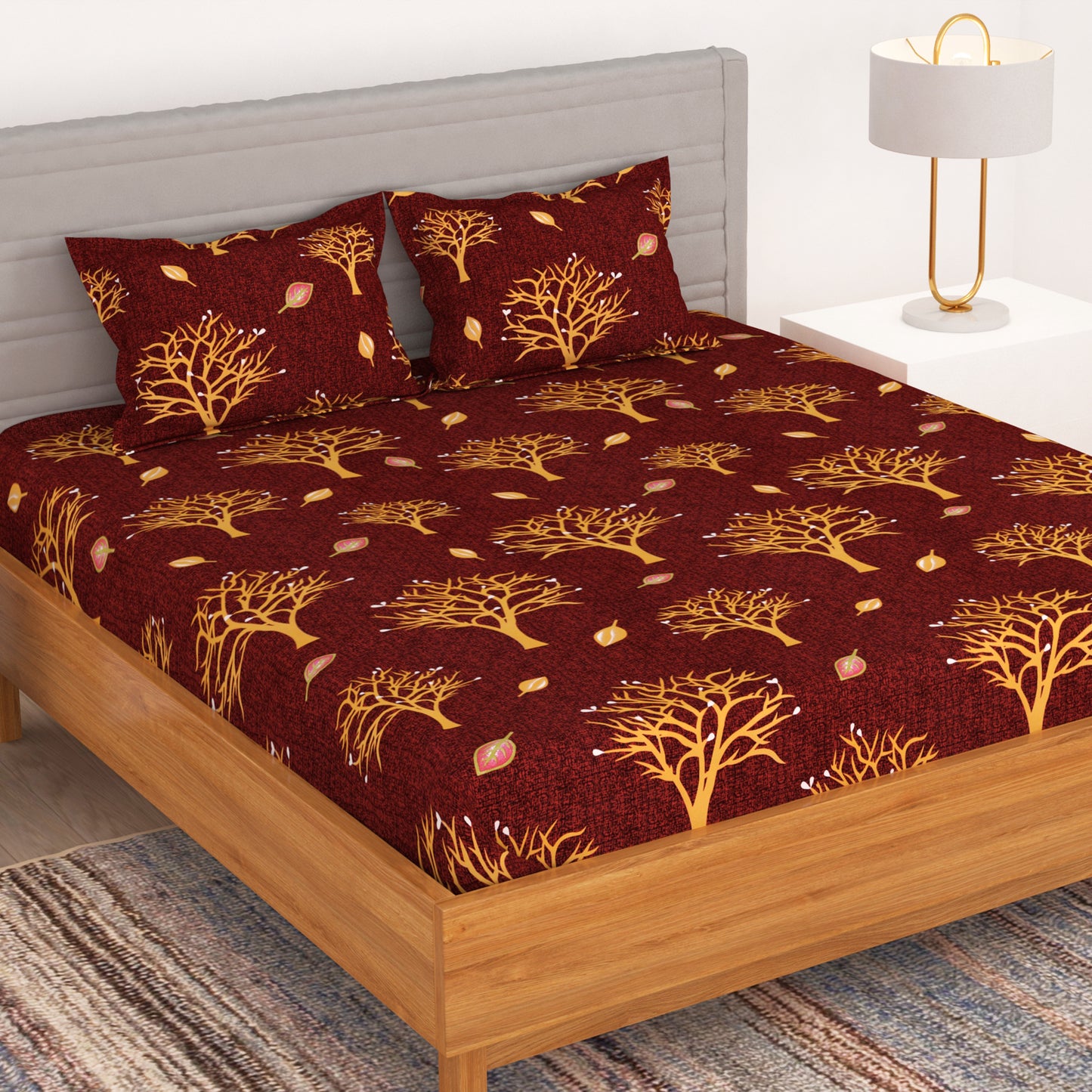 Bedspun - Double Bedsheets with 150 TC, Double - Queen Size Bedsheet & 2 Pillow Covers, Trees & Leaves Pattern, Wine Red