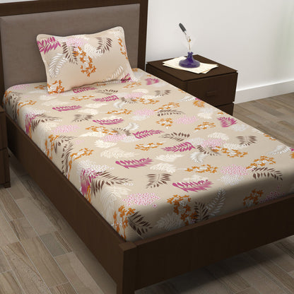 Story@Home 208 TC 100% Cotton Green & Peach Floral 2 Single Bedsheet Combo with 2 Pillow Covers