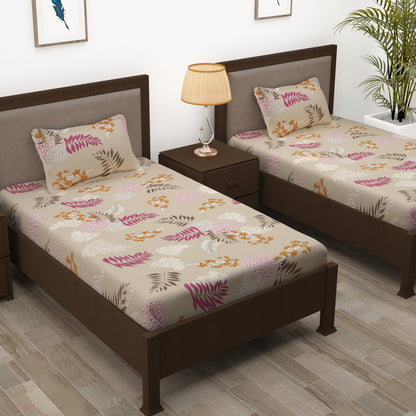 Story@Home 208 TC 100% Cotton Pink Peach Floral 2 Single Bedsheet Combo with 2 Pillow Covers