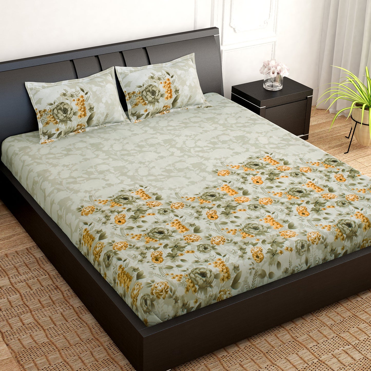 PAVO Tranquil Luxurious Light Green Floral King Size Bedsheet