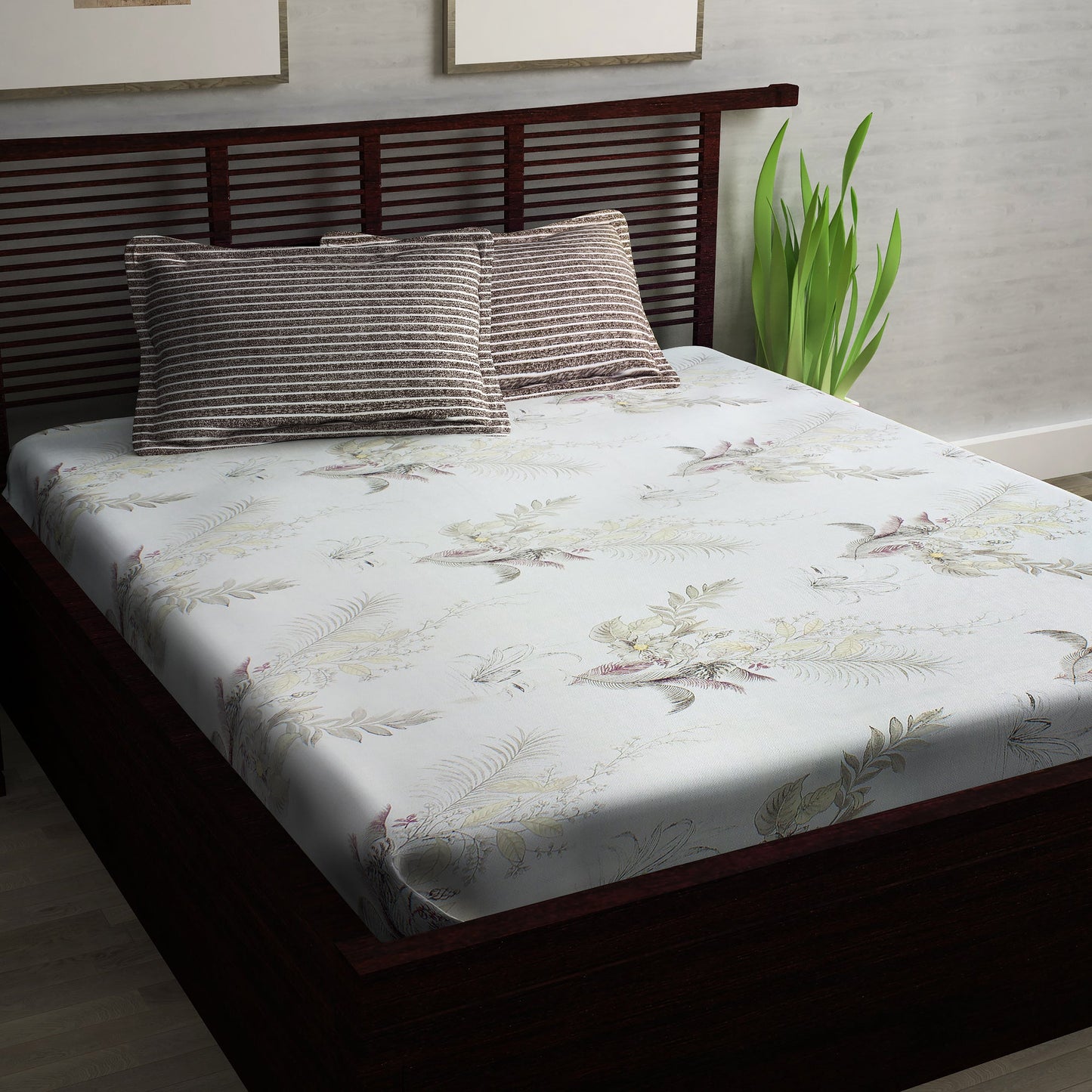 Metro Cotton Double Bedsheets Combo - 186 TC- Beige and Grey/Yellow - Floral