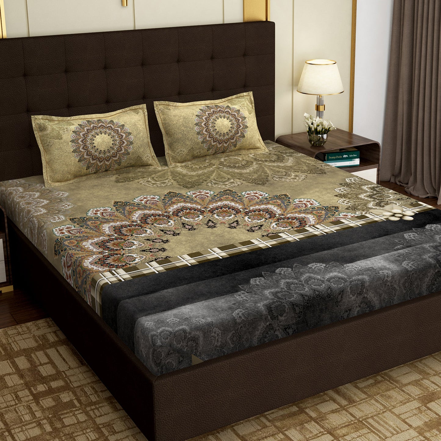 PAVO MOLLIS HOMES SUPER KING SIZE BEDSHEET - Abstract Mandala, Beige and Grey