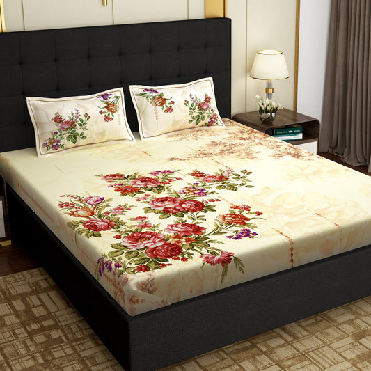 PAVO MOLLIS HOMES SUPER KING SIZE BEDSHEET - Floral, Ivory and Dark Purple