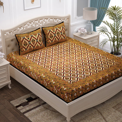Pandora 152 TC 100 % Cotton Mustard Abstract Floral Double King Size Bedsheet