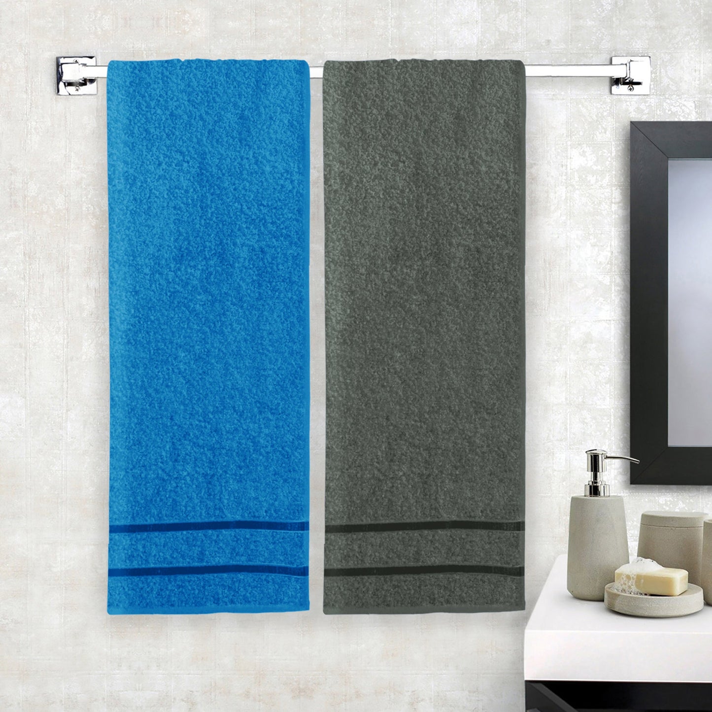 Story@Home 2 Units 100% Cotton Bath Towels - Blue and Charcoal Grey