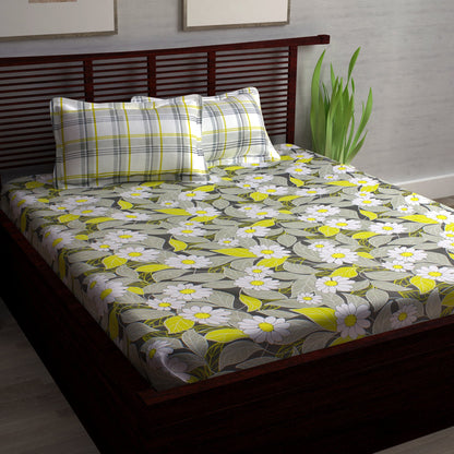 Metro Cotton Double Bedsheets Combo - 186 TC- Beige and Grey/Yellow - Floral