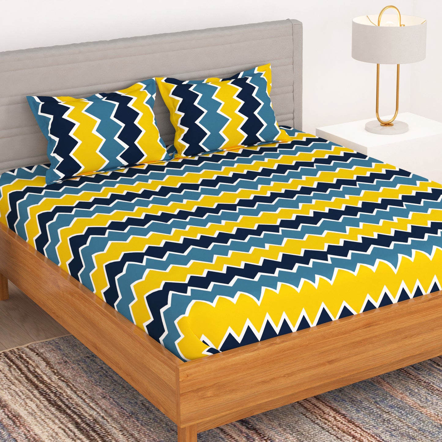 Bedspun-Microfiber Double Bedsheets with 150 TC, Double - Queen Size Bedsheet & 2 Pillow Covers (Chevron, Blue and Yellow)