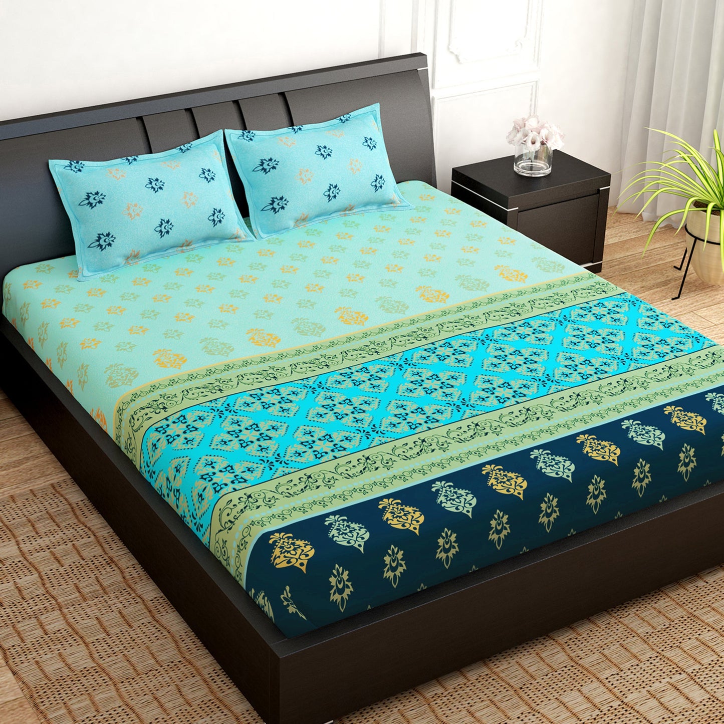 PAVO Tranquil Luxurious Turquoise Abstract King Size Bedsheet