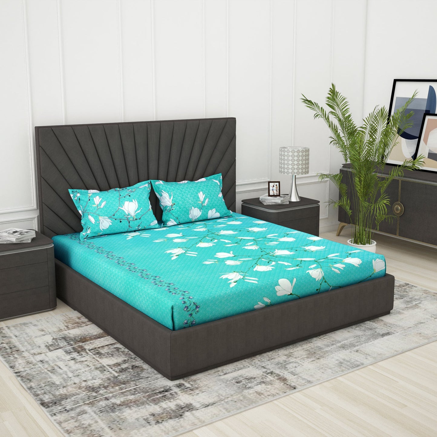 Metro 186 TC 100% Cotton White and Turquoise Double Bedsheet