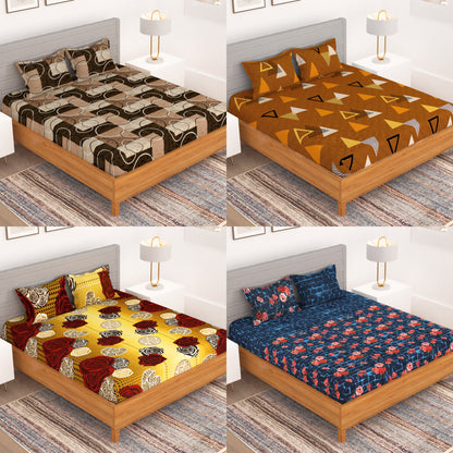 Bedspun Flora Collection Combo Pack of 4 Double Bedsheet with 6 Pillow Covers | 150 TC Soft microfiber - Long Lasting and Wrinkle Free Polyester fabric | 225x220 cm or 7.5x7.5 ft- (Brown, Orange, Mustard, Navy Blue)