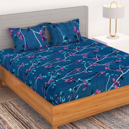 Bedspun - Double Bedsheets with 150 TC, Double - Queen Size Bedsheet & 2 Pillow Covers, Leaves Pattern, Dark Blue