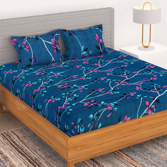 Bedspun - Double Bedsheets with 150 TC, Double - Queen Size Bedsheet & 2 Pillow Covers, Leaves Pattern, Dark Blue