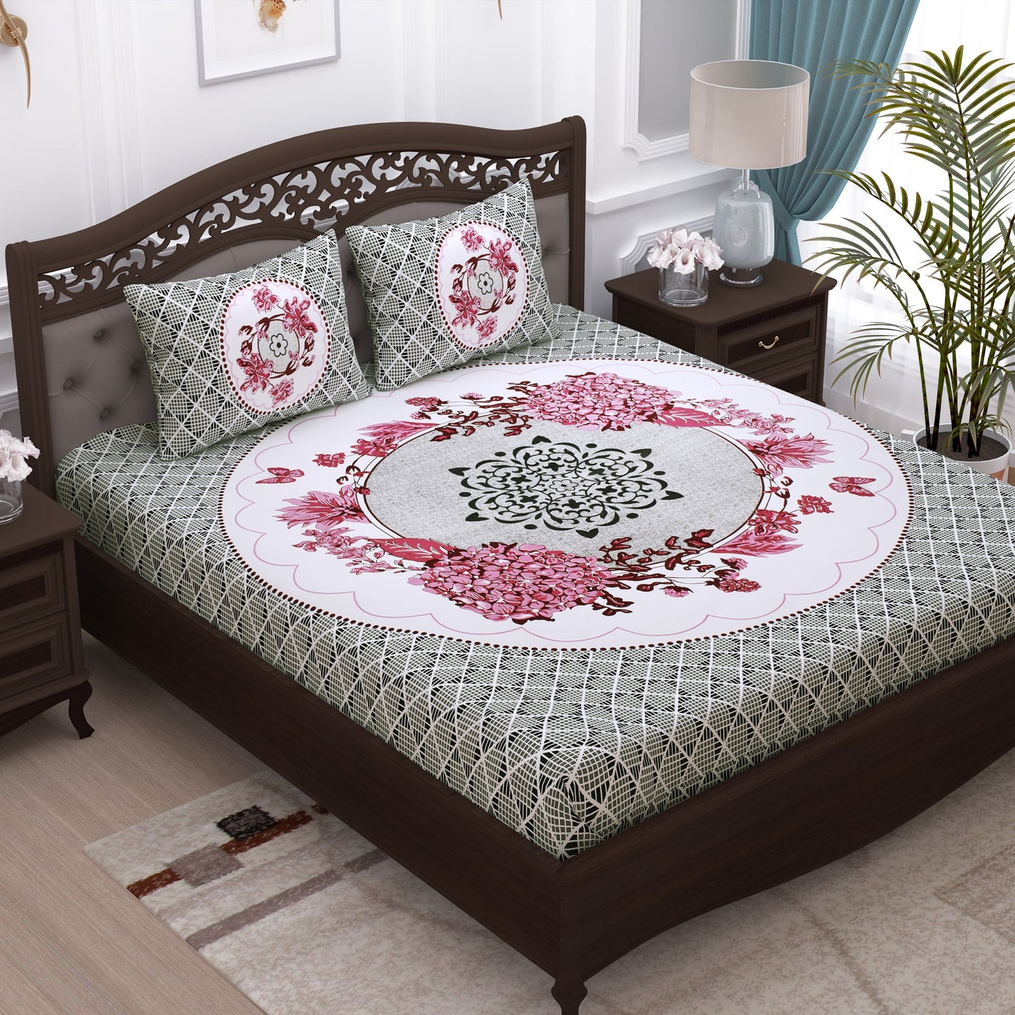 Pandora 152 TC 100 % Cotton Off White Floral Double King Size Bedsheet