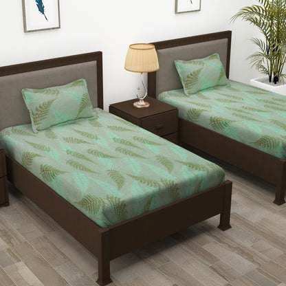 Story@Home 208 TC 100% Cotton Grey & Green Floral 2 Single Bedsheet Combo with 2 Pillow Covers