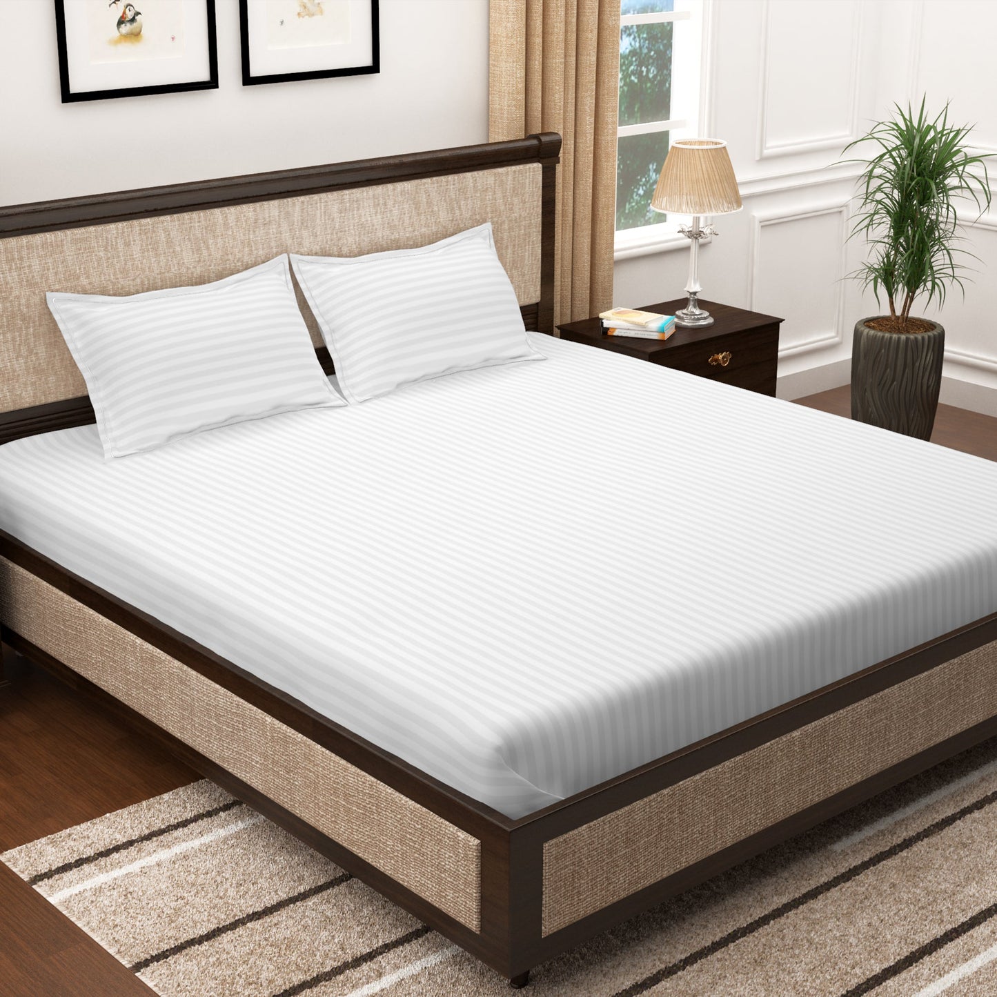 TEVEL 400 TC 100% Cotton White Stripes King Size Bedsheet