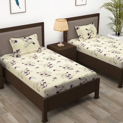 Story@Home 208 TC 100% Cotton Cream & Magenta 2 Single Bedsheet Combo with 2 Pillow Covers