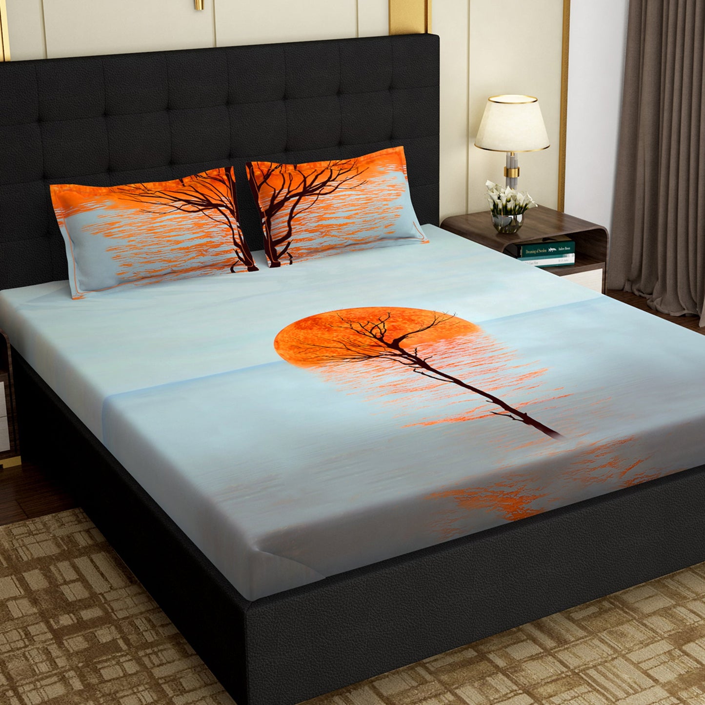 PAVO MOLLIS HOMES SUPER KING SIZE BEDSHEET - Sunset Scenery, Light Blue and Orange