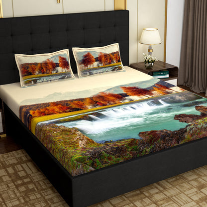 PAVO MOLLIS HOMES SUPER KING SIZE BEDSHEET - Waterfall Scenery, Orange and Blue