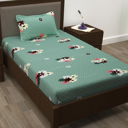 Story@Home 208 TC 100% Cotton Green & Peach Floral 2 Single Bedsheet Combo with 2 Pillow Covers