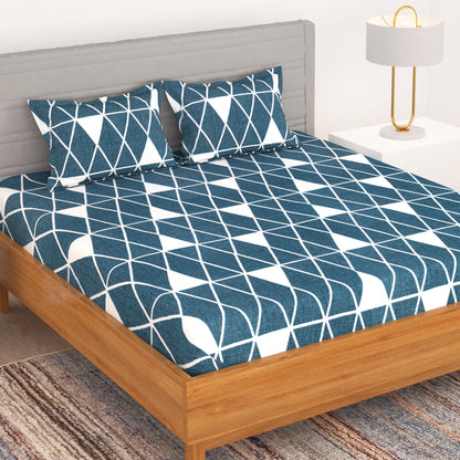 Bedspun - Microfiber Double Bedsheets with 150 TC, Double - Queen Size Bedsheet & 2 Pillow Covers, Geometric Pattern, Blue