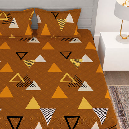 Bedspun - Bedsheet Flora Collection, Glaze Cotton Bedsheet, Glaze Cotton Double Bedsheets with 150 TC, Double - Queen Size Bedsheet & 2 Pillow Covers, Geometric Pattern, Orange