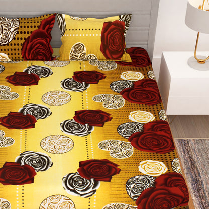 Bedspun - Double Bedsheets with 150 TC, Double - Queen Size Bedsheet & 2 Pillow Covers, Floral Pattern, Mustard