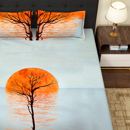 PAVO MOLLIS HOMES SUPER KING SIZE BEDSHEET - Sunset Scenery, Light Blue and Orange