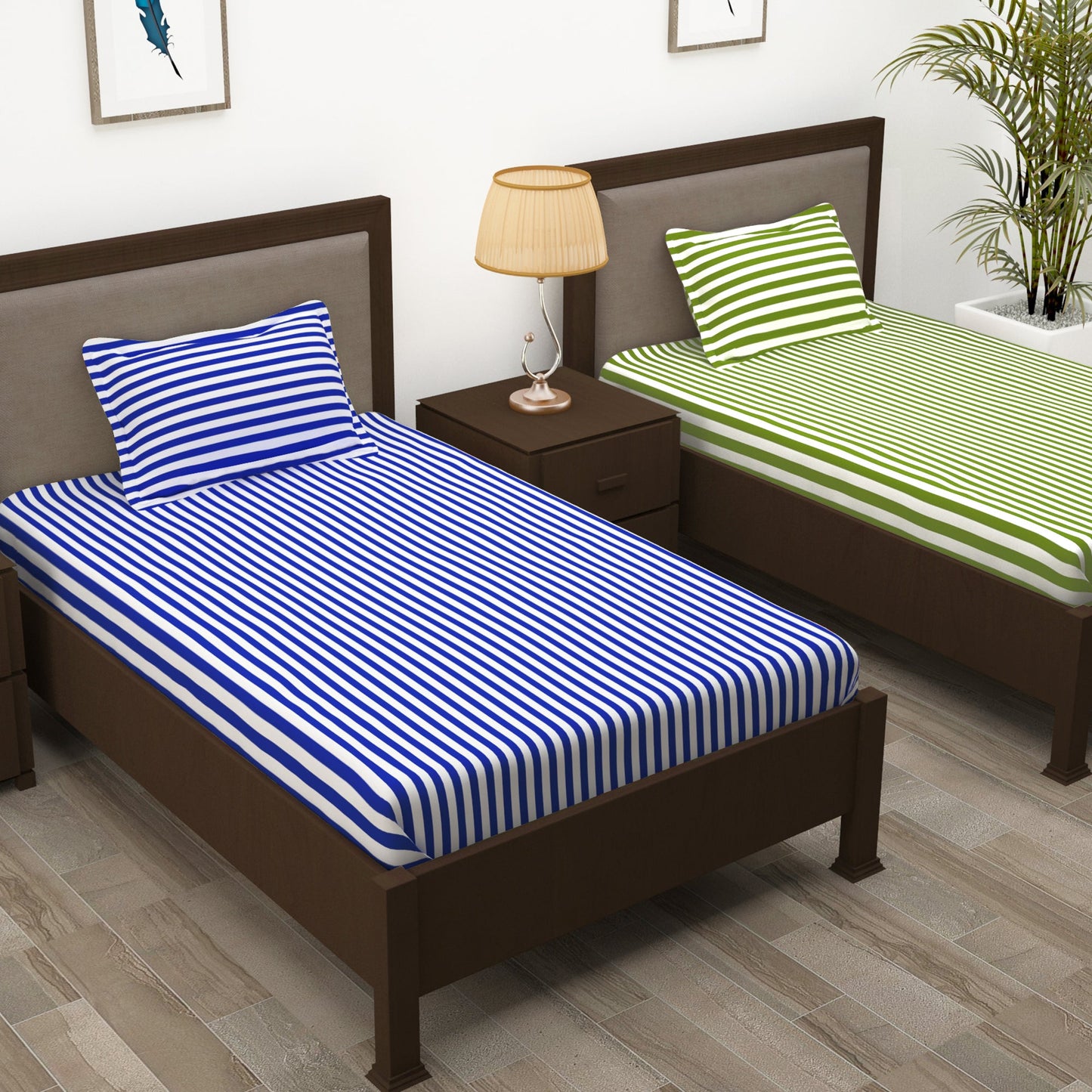 Story@Home 208 TC 100% Cotton Blue & Green 2 Single Bedsheet Combo with 2 Pillow Covers