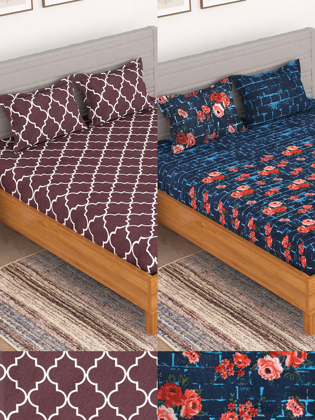 BEDSPUN Flora Collection Combo Pack of 2 Double Bedsheet with 4 Pillow Covers | 150 TC Soft Microfiber - Long Lasting and Wrinkle Free Polyester Fabric | 225x220 cm or 7.5x7.5 ft- (Navy Blue and Purple)