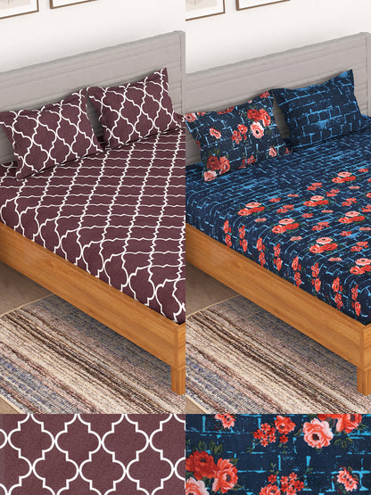 BEDSPUN Flora Collection Combo Pack of 2 Double Bedsheet with 4 Pillow Covers | 150 TC Soft Microfiber - Long Lasting and Wrinkle Free Polyester Fabric | 225x220 cm or 7.5x7.5 ft- (Navy Blue and Purple)