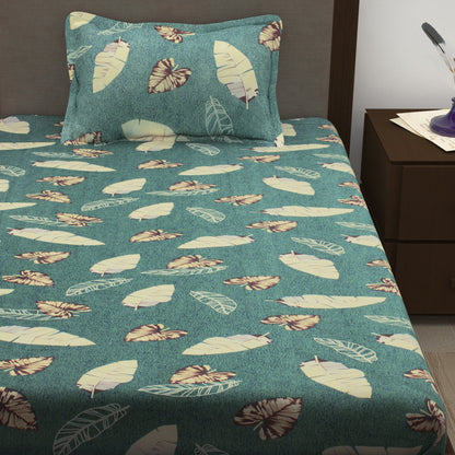 Story@Home 208 TC 100% Cotton Green Floral 2 Single Bedsheet Combo with 2 Pillow Covers