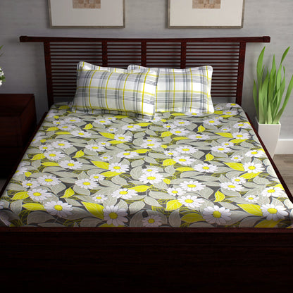 Metro Cotton Double Bedsheets Combo - 186 TC- Beige and Grey/Yellow - Floral