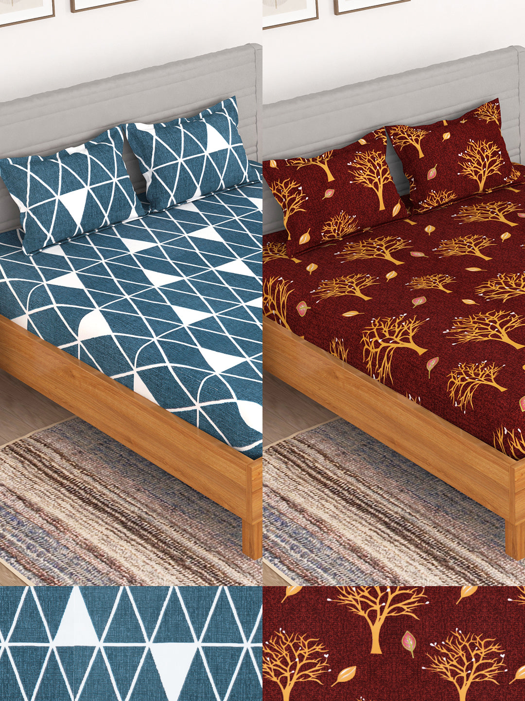 BEDSPUN Flora Collection Combo Pack of 2 Double Bedsheet with 4 Pillow Covers | 150 TC Soft Microfiber - Long Lasting and Wrinkle Free Polyester Fabric | 225x220 cm or 7.5x7.5 ft- (Blue and Wine Red)