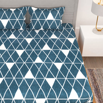 Bedspun - Microfiber Double Bedsheets with 150 TC, Double - Queen Size Bedsheet & 2 Pillow Covers, Geometric Pattern, Blue