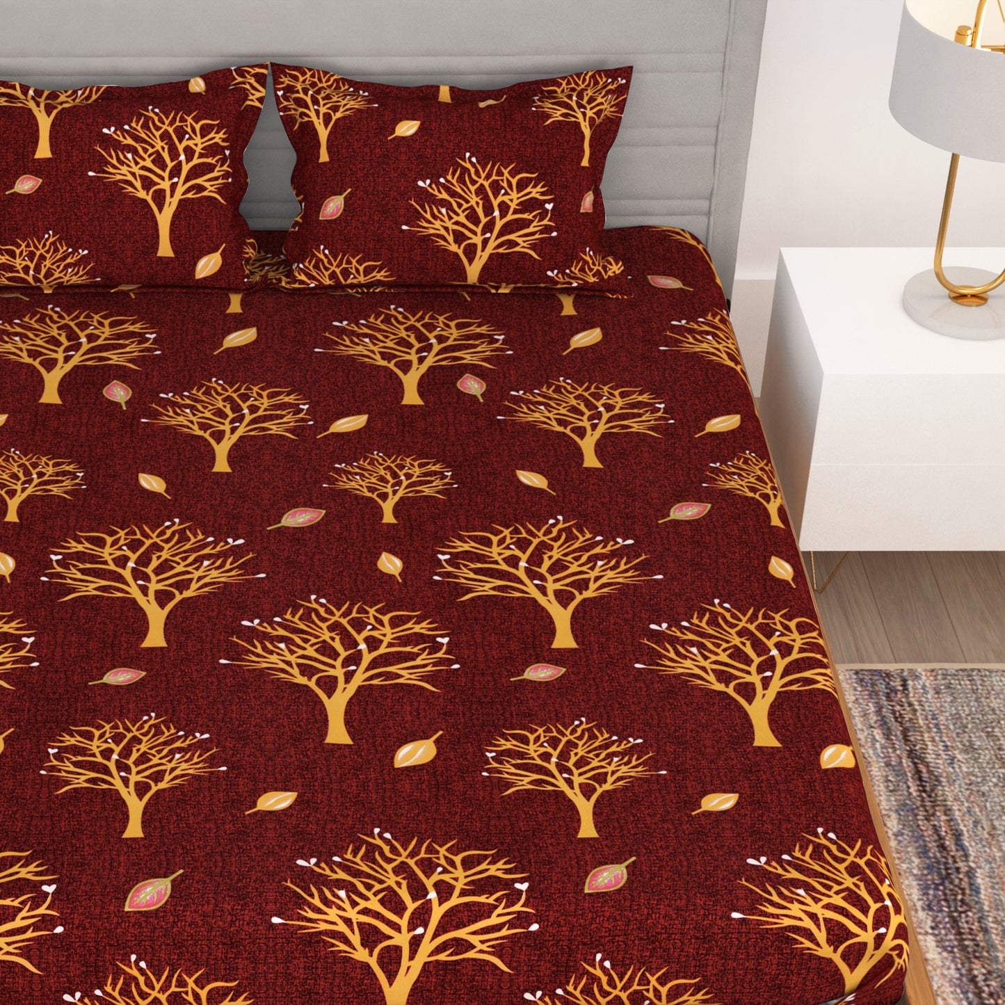 Bedspun - Double Bedsheets with 150 TC, Double - Queen Size Bedsheet & 2 Pillow Covers, Trees & Leaves Pattern, Wine Red