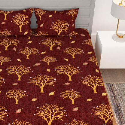 Bedspun - Double Bedsheets with 150 TC, Double - Queen Size Bedsheet & 2 Pillow Covers, Trees & Leaves Pattern, Wine Red