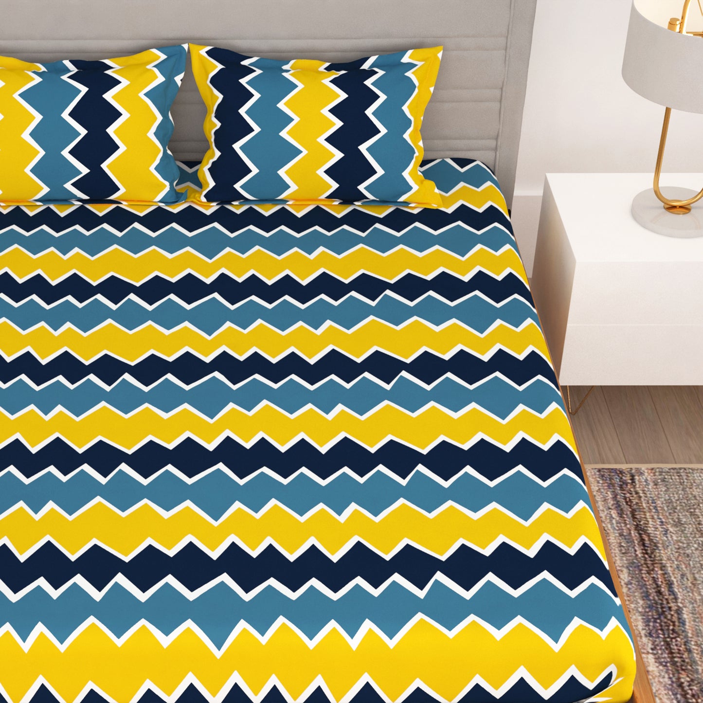 Bedspun-Microfiber Double Bedsheets with 150 TC, Double - Queen Size Bedsheet & 2 Pillow Covers (Chevron, Blue and Yellow)