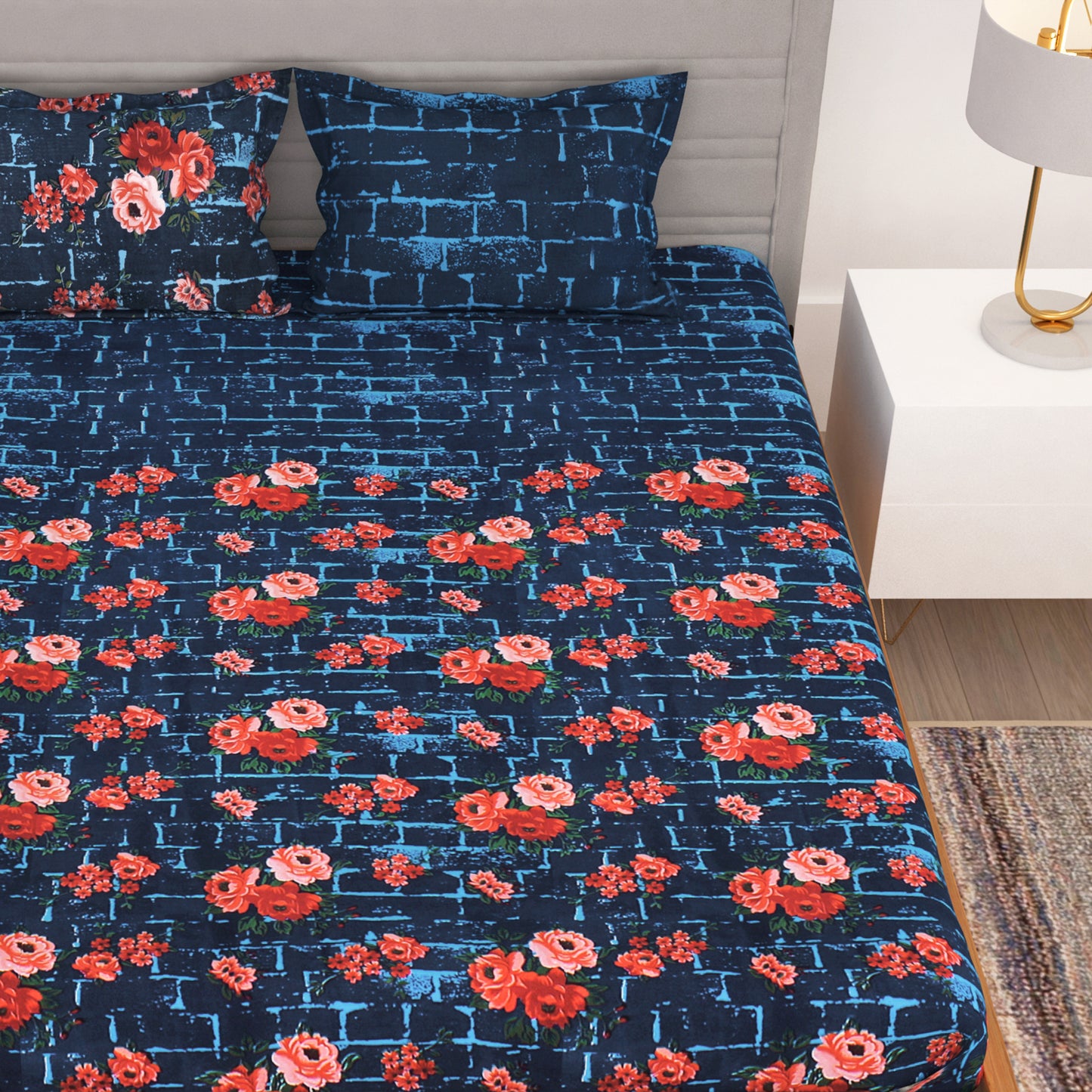 Bedspun - Microfiber Double Bedsheets with 150 TC, Double - Queen Size Bedsheet & 2 Pillow Covers (Floral, Navy Blue)