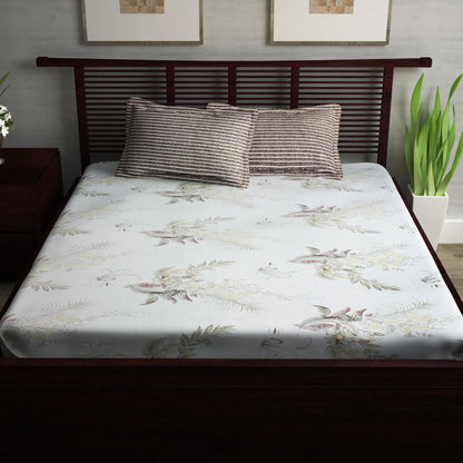 Metro Cotton Double Bedsheets Combo - 186 TC- Beige and Grey/Yellow - Floral