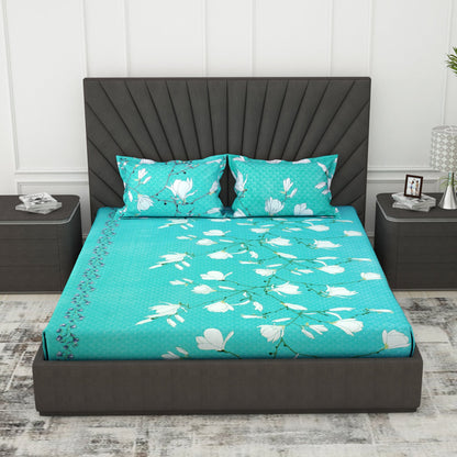 Metro 186 TC 100% Cotton White and Turquoise Double Bedsheet