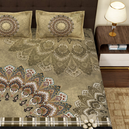 PAVO MOLLIS HOMES SUPER KING SIZE BEDSHEET - Abstract Mandala, Beige and Grey