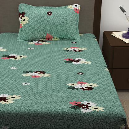 Story@Home 208 TC 100% Cotton Green & Peach Floral 2 Single Bedsheet Combo with 2 Pillow Covers