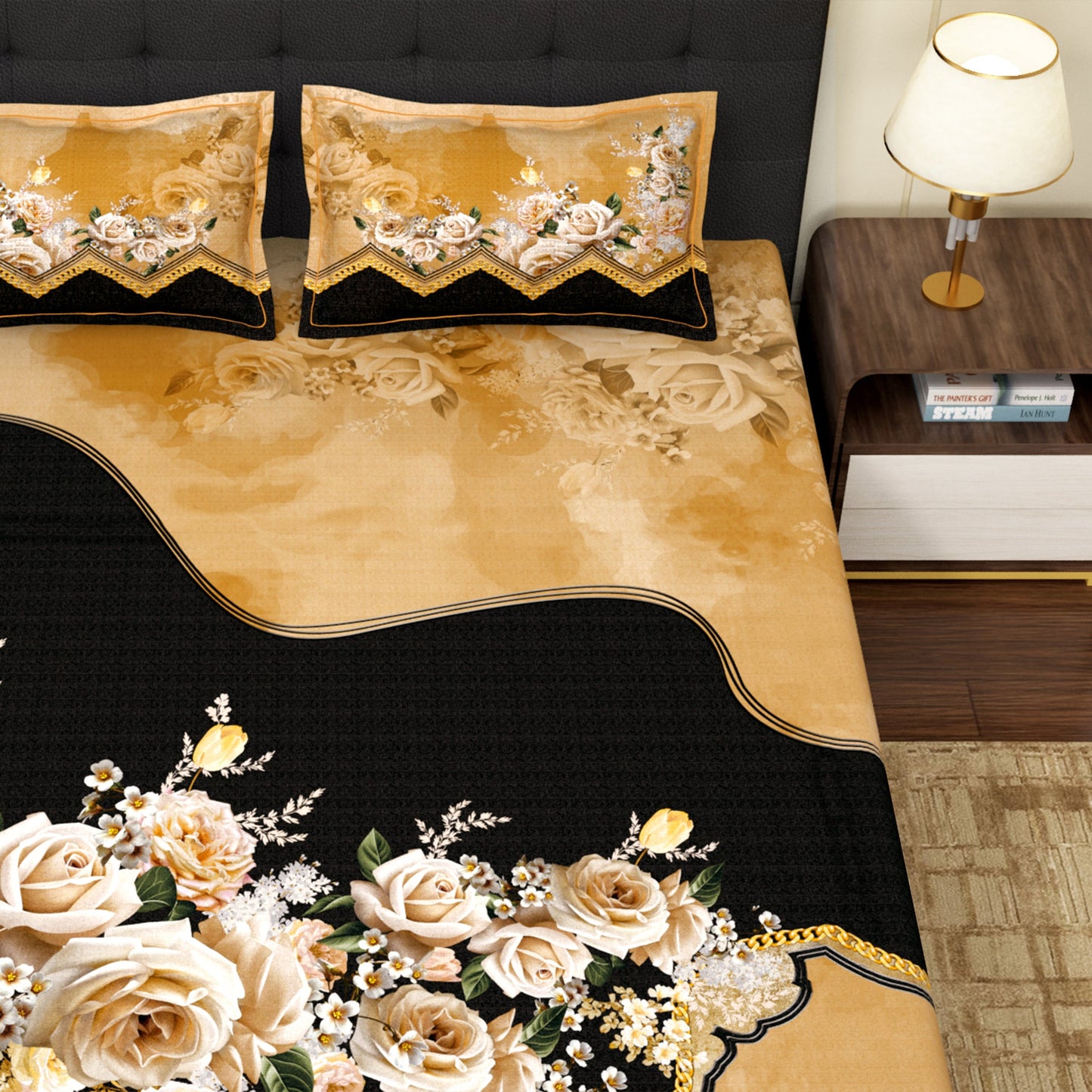 PAVO MOLLIS HOMES SUPER KING SIZE BEDSHEET - Floral, Beige and Black