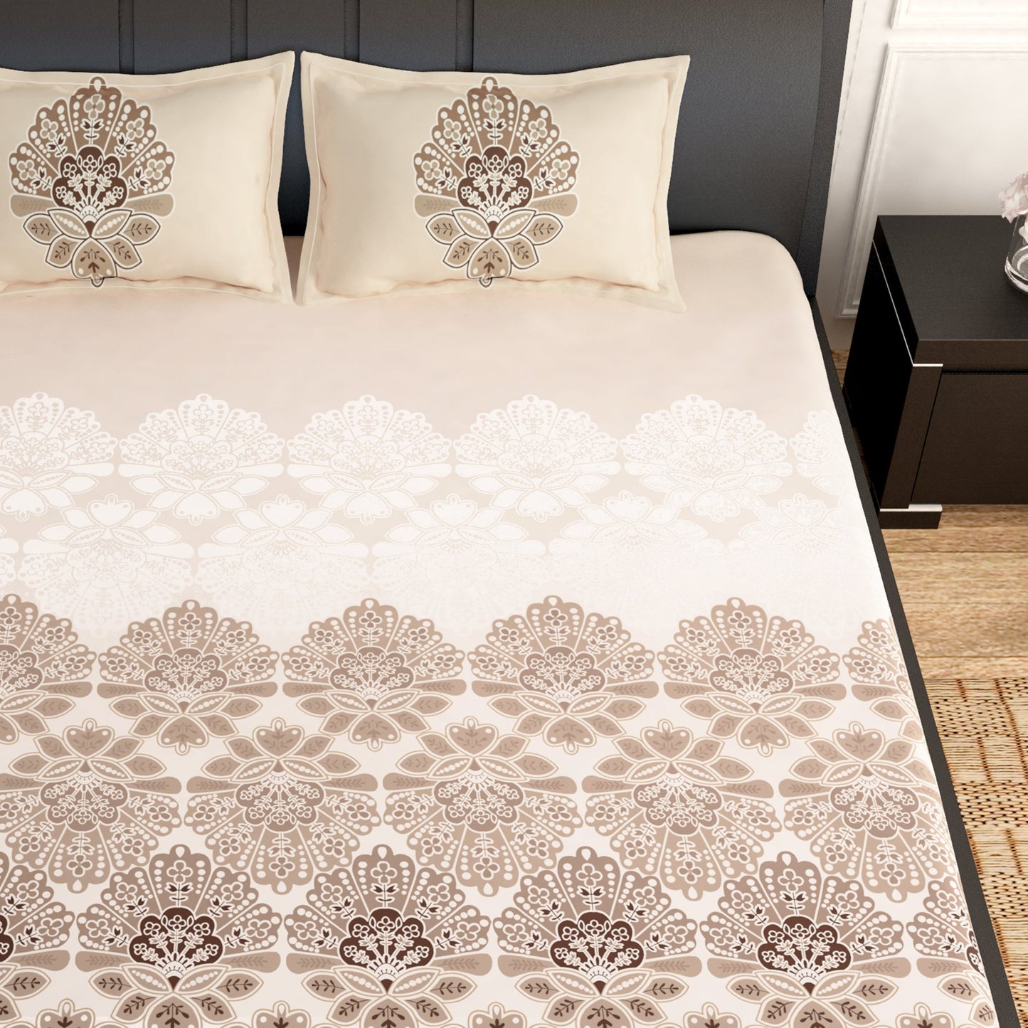 PAVO Tranquil Luxurious Cream & Brown Floral King Size Bedsheet