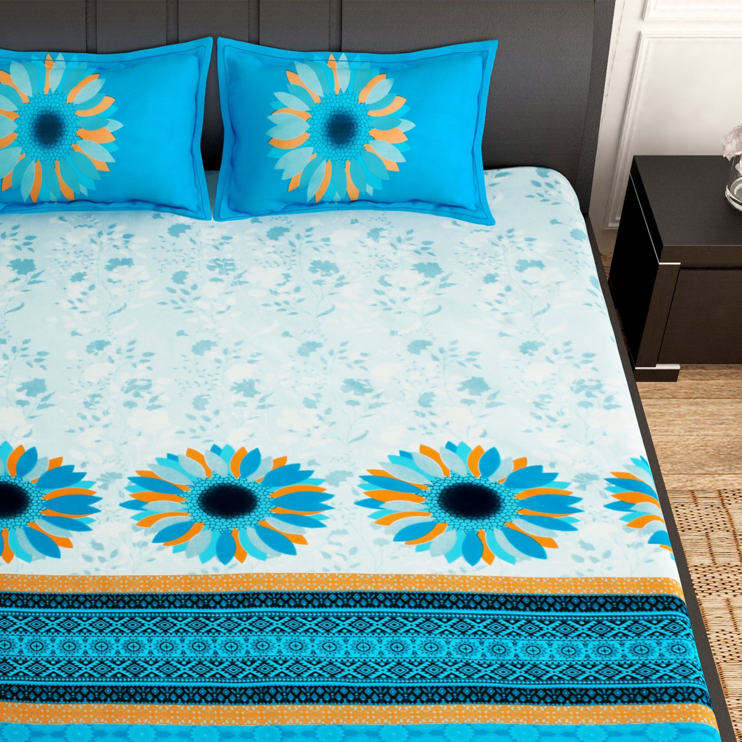 PAVO Tranquil Luxurious Pattern Whitish Blue Geometric Floral King Size Bedsheet