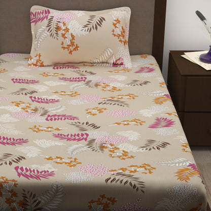 Story@Home 208 TC 100% Cotton Green & Peach Floral 2 Single Bedsheet Combo with 2 Pillow Covers