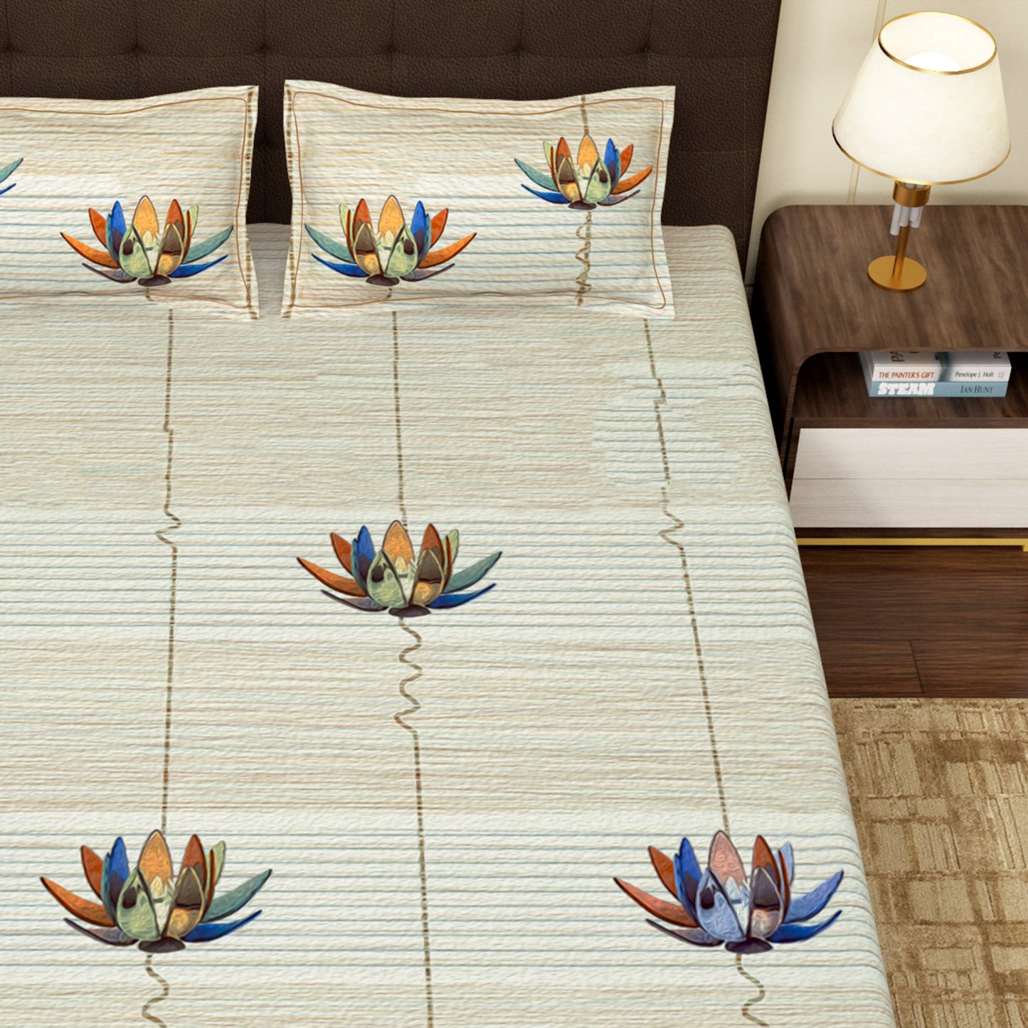 PAVO MOLLIS HOMES SUPER KING SIZE BEDSHEET - Hanging Lotus, Brown and White