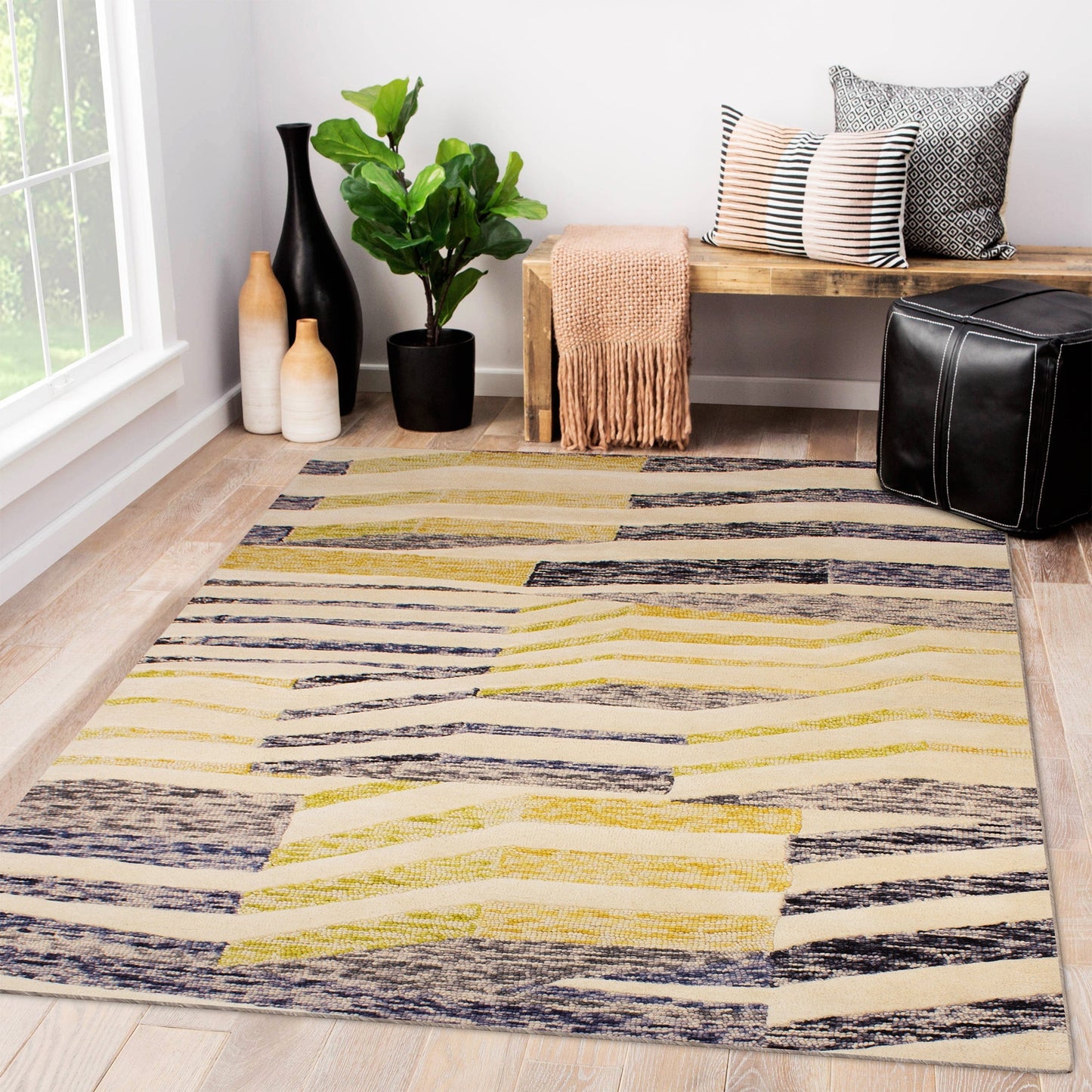 Yellow Woolen Handmade Stripes Pattern Carpet