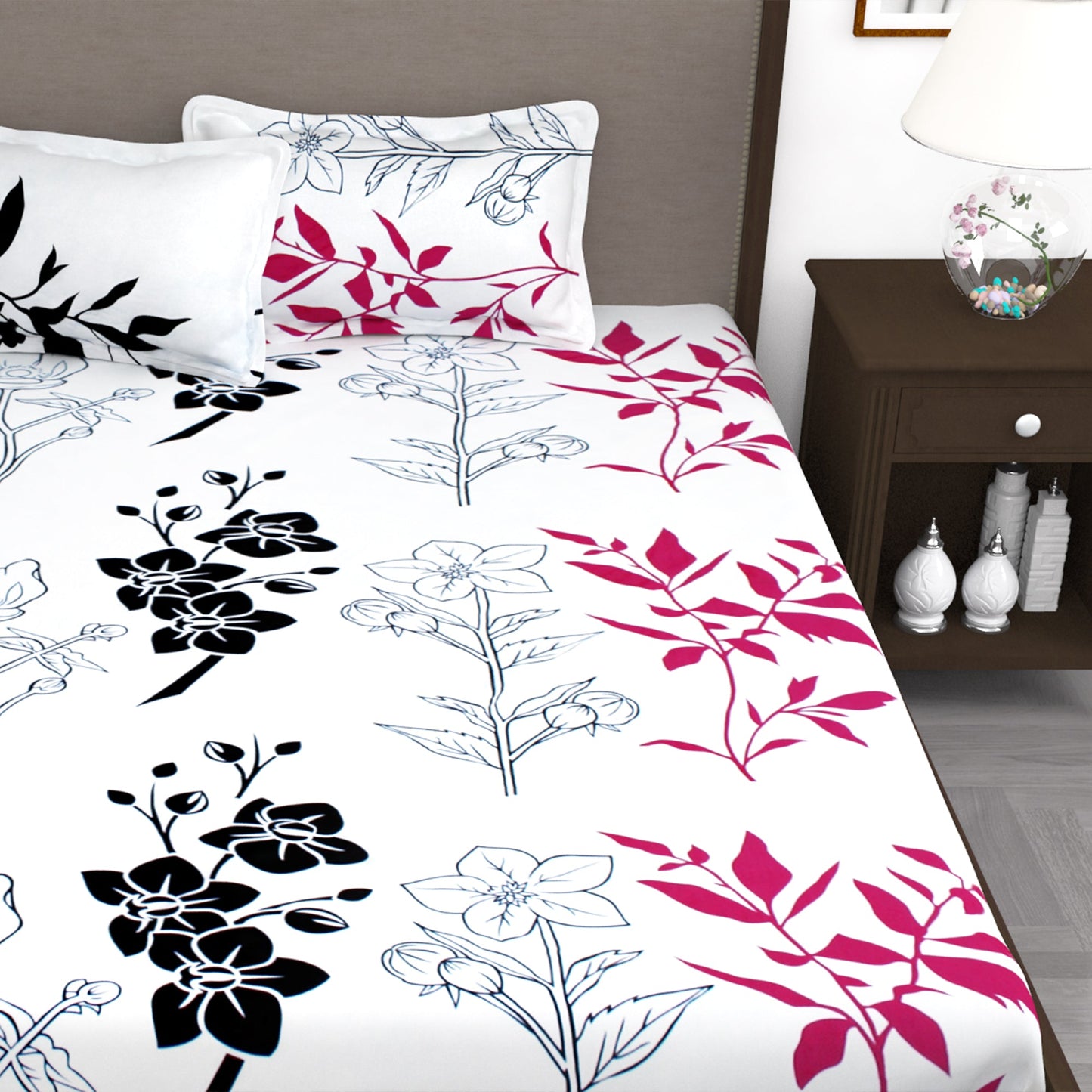 240 TC White Floral 1 King Size Bedsheet With 2 Pillow Cover