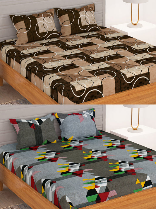 BEDSPUN Flora Collection Combo Pack of 2 Double Size Bedsheet with 4 Pillow Covers|15 TC Soft Microfiber - Wrinkle Free Polyester Fabric|225x22 cm or 7.5x7.5 ft (Brown and Multicolor)